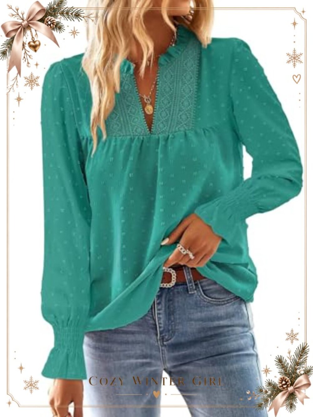 Boho Flowy Blouse V-Neck Crochet Lace Long Sleeve Top